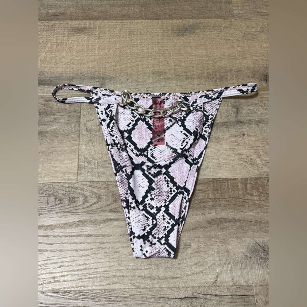 Snakeskin Print Bikini Bottom with Chain Detail and Cutout